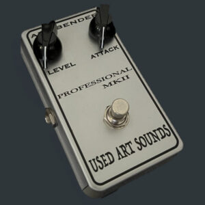 Fuzz pedal MKI is a metal box with two radial knobs at the top, labeled left to right, level and attack. Below is a push button which turns it on and off.