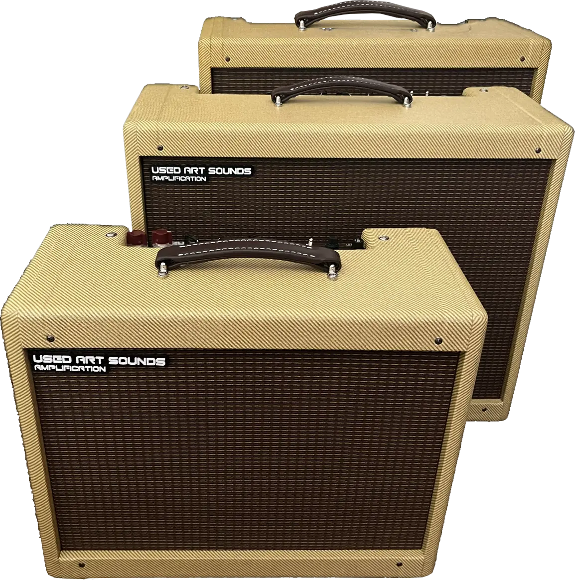 A stack of three large amps. With leather handles on top.